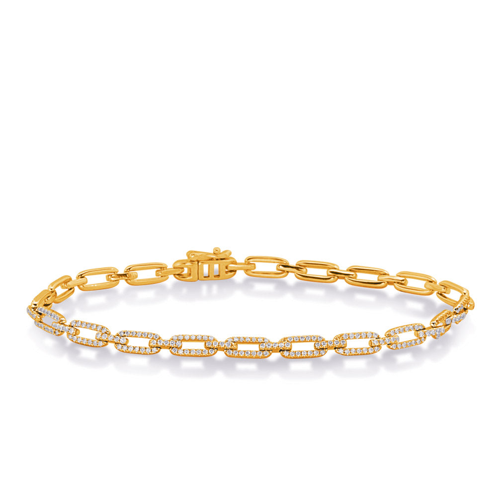 This Bracelet is available in 14K Yellow & White Gold. There are a total of 386 stones. There are Round with a total carat weight of 1.14 set in a Micro Prong setting.