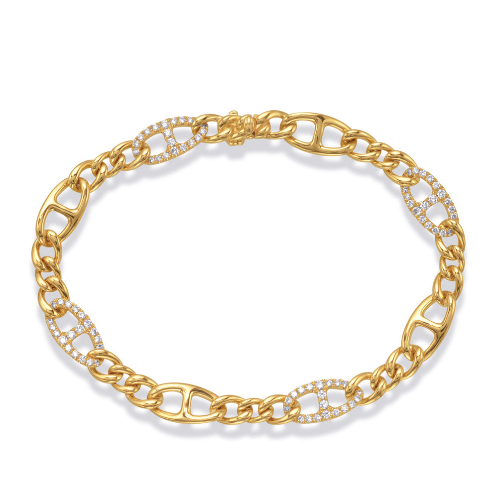 This Bracelet is available in 14K Yellow & White Gold. There are a total of 80 stones. There are Round with a total carat weight of 0.75 set in a Micro Prong setting.