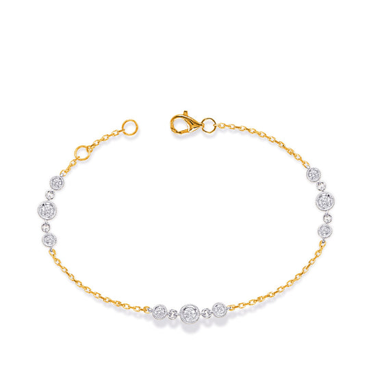 This Bracelet is available in 14K Yellow & White Gold. There are a total of 9 stones. There are Round with a total carat weight of 0.33 set in a Bezel Set setting.