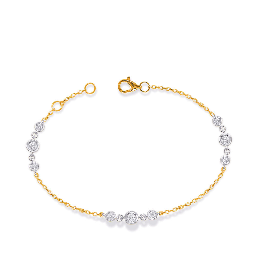 This Bracelet is available in 14K Yellow & White Gold. There are a total of 9 stones. There are Round with a total carat weight of 0.33 set in a Bezel Set setting.