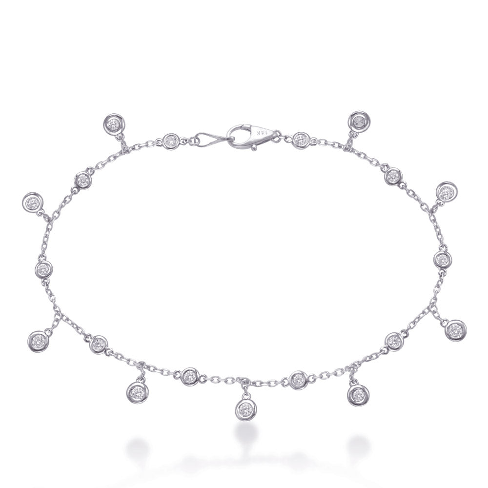 This Bracelet is available in 14K White Gold. There are a total of 17 stones. There are Round with a total carat weight of 0.61 set in a Bezel Set setting.