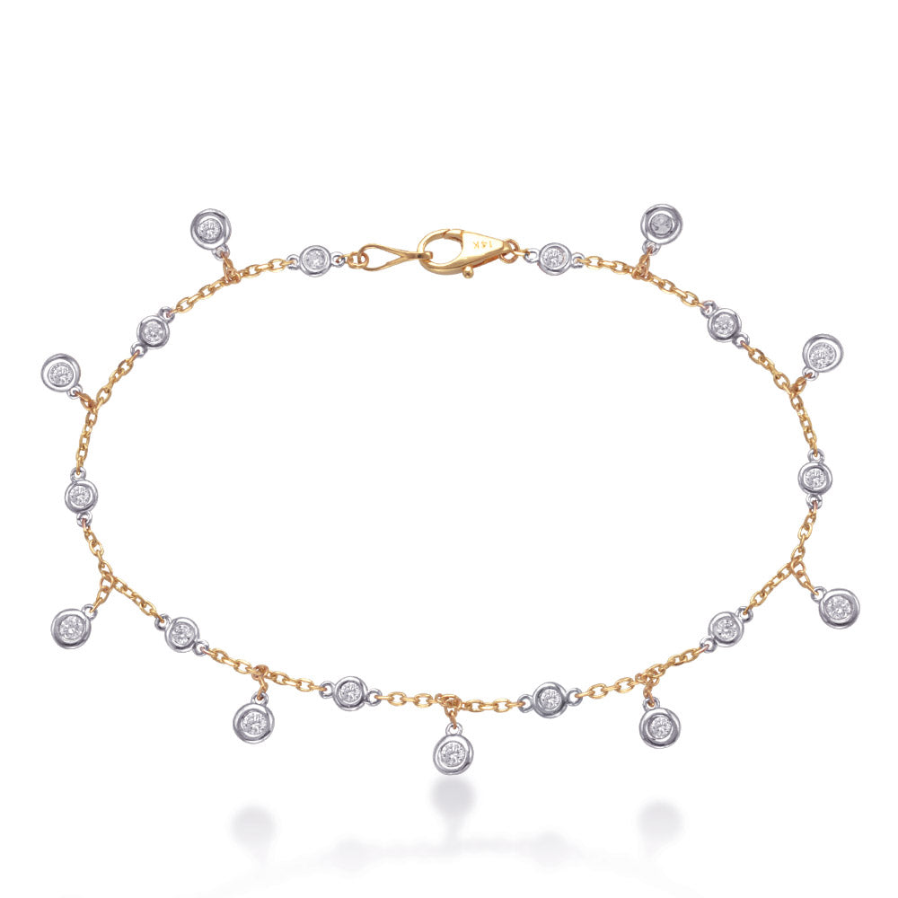 This Bracelet is available in 14K Yellow & White Gold. There are a total of 17 stones. There are Round with a total carat weight of 0.61 set in a Bezel Set setting.