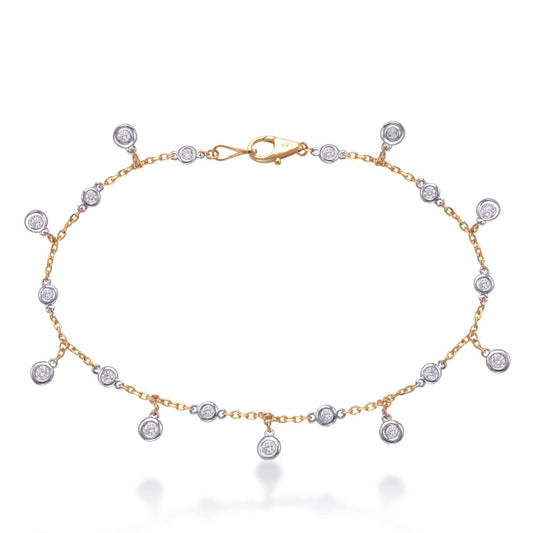 This Bracelet is available in 14K Yellow & White Gold. There are a total of 17 stones. There are Round with a total carat weight of 0.61 set in a Bezel Set setting.