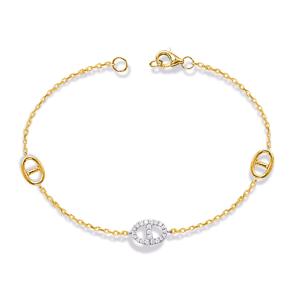 This Bracelet is available in 14K Yellow & White Gold. There are a total of 21 stones. There are Round with a total carat weight of 0.13 set in a Micro Prong setting.