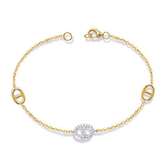 This Bracelet is available in 14K Yellow & White Gold. There are a total of 21 stones. There are Round with a total carat weight of 0.13 set in a Micro Prong setting.