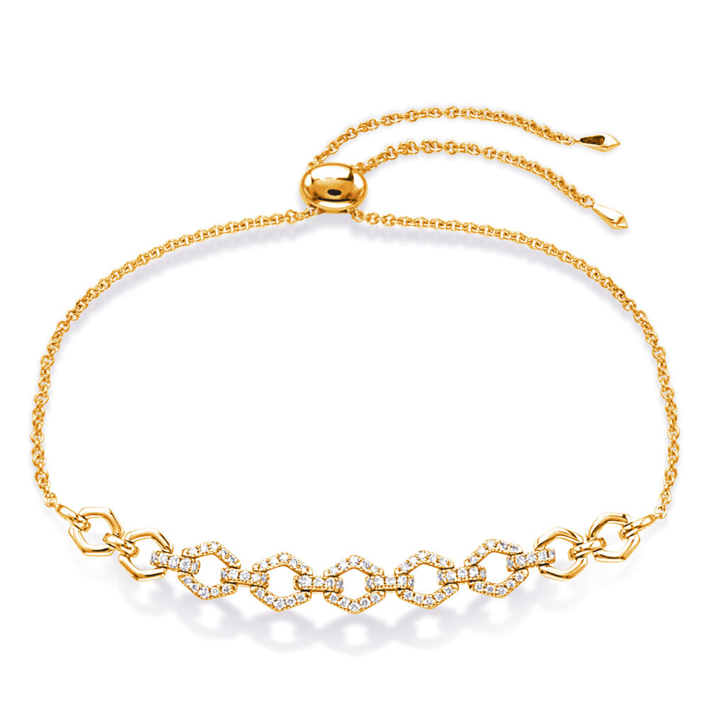 This Bracelet is available in 14K Yellow Gold. There are a total of 80 stones. There are Round with a total carat weight of 0.3 set in a Prong Set setting.