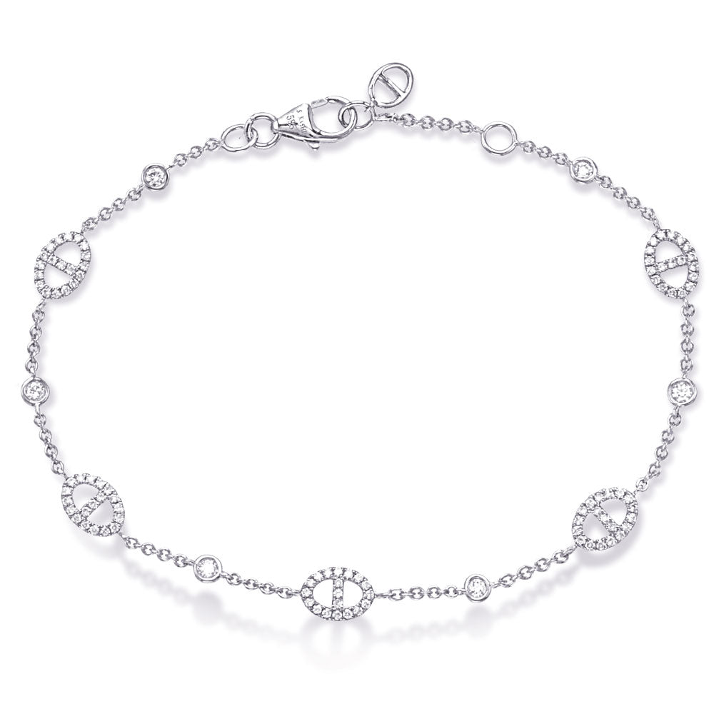 This Bracelet is available in 14K White Gold. There are a total of 101 stones. There are Round with a total carat weight of 0.4 set in a Prong Set setting.