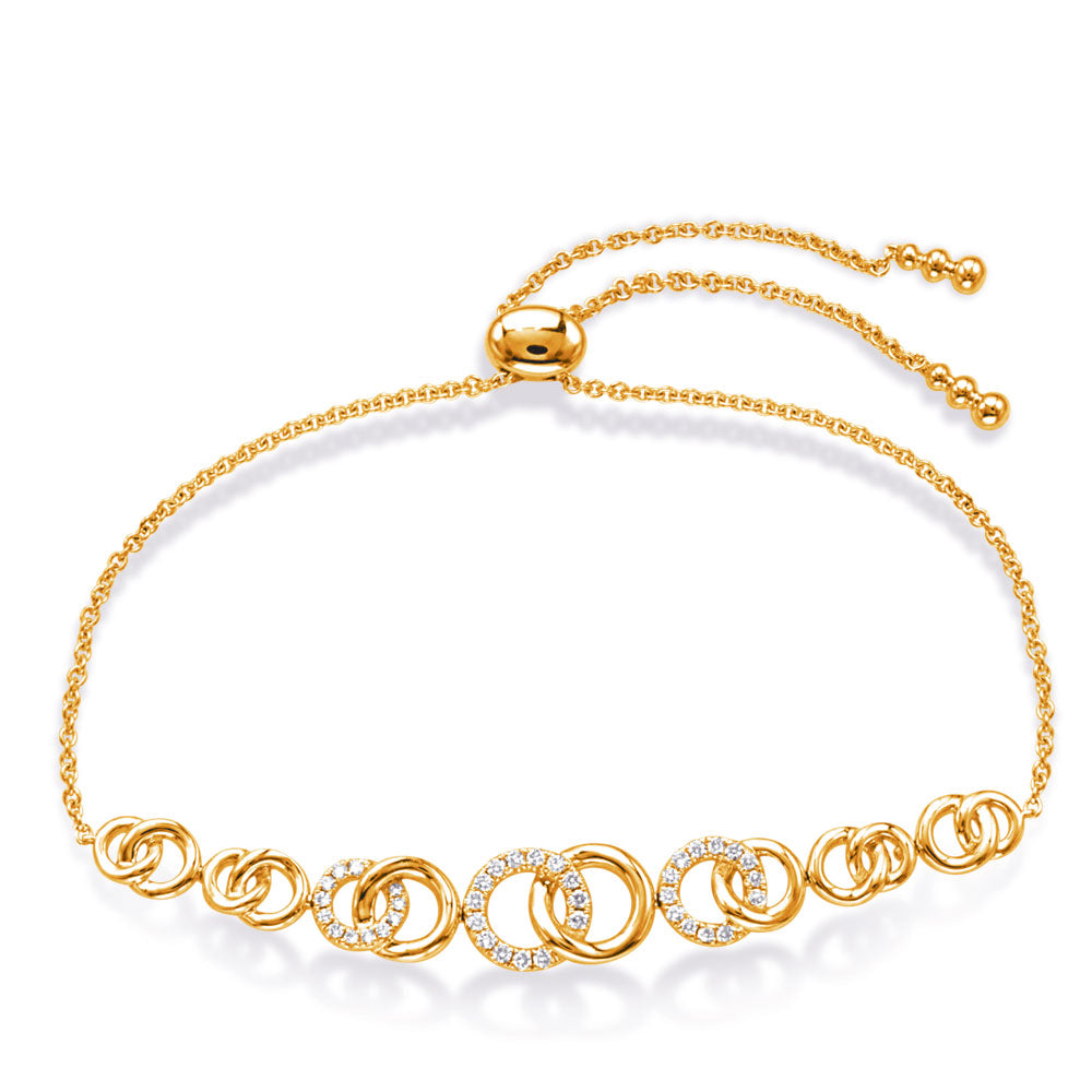 This Bracelet is available in 14K Yellow Gold. There are a total of 39 stones. There are Round with a total carat weight of 0.24 set in a Micro Prong setting.