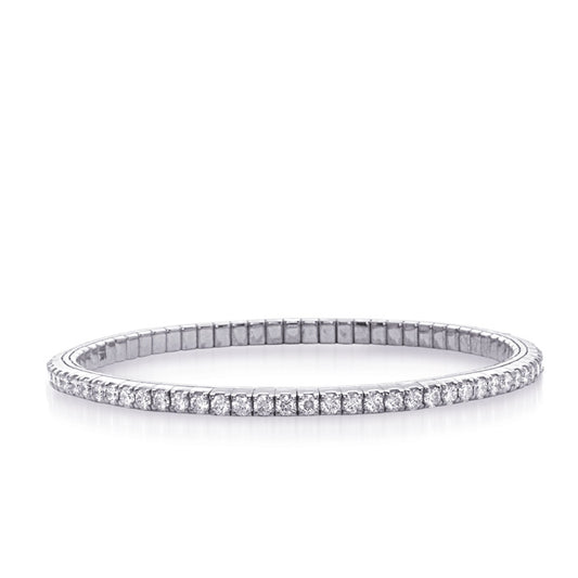 This Bracelet is available in 14K White Gold. There are a total of 73 stones. There are Round with a total carat weight of 3.58 set in a  setting.