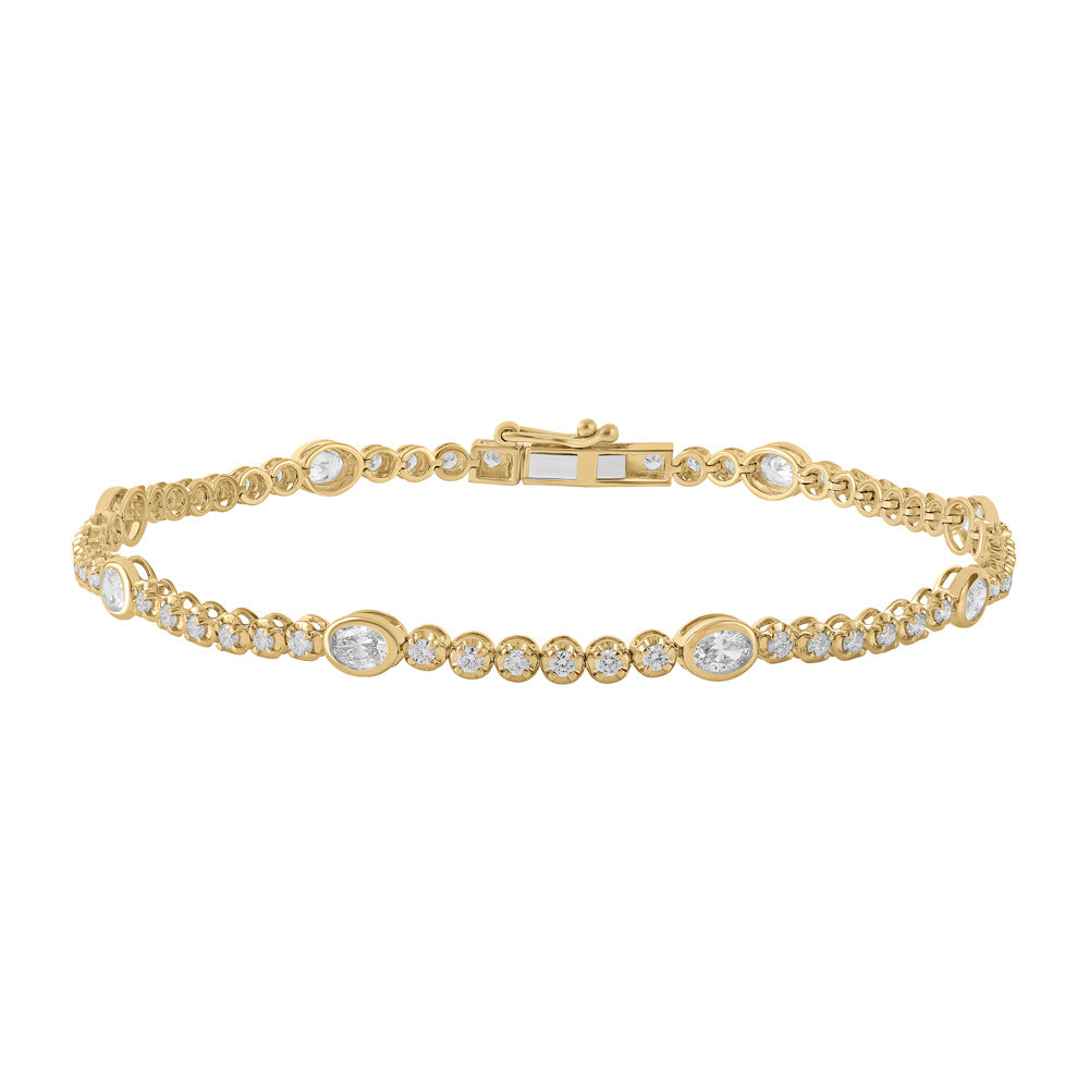This Bracelet is available in 14K Yellow Gold. There are a total of 60 stones. There are Oval with a total carat weight of 0.9 set in a  setting.There are Round stones with a total carat weight of 0.8 set in a .