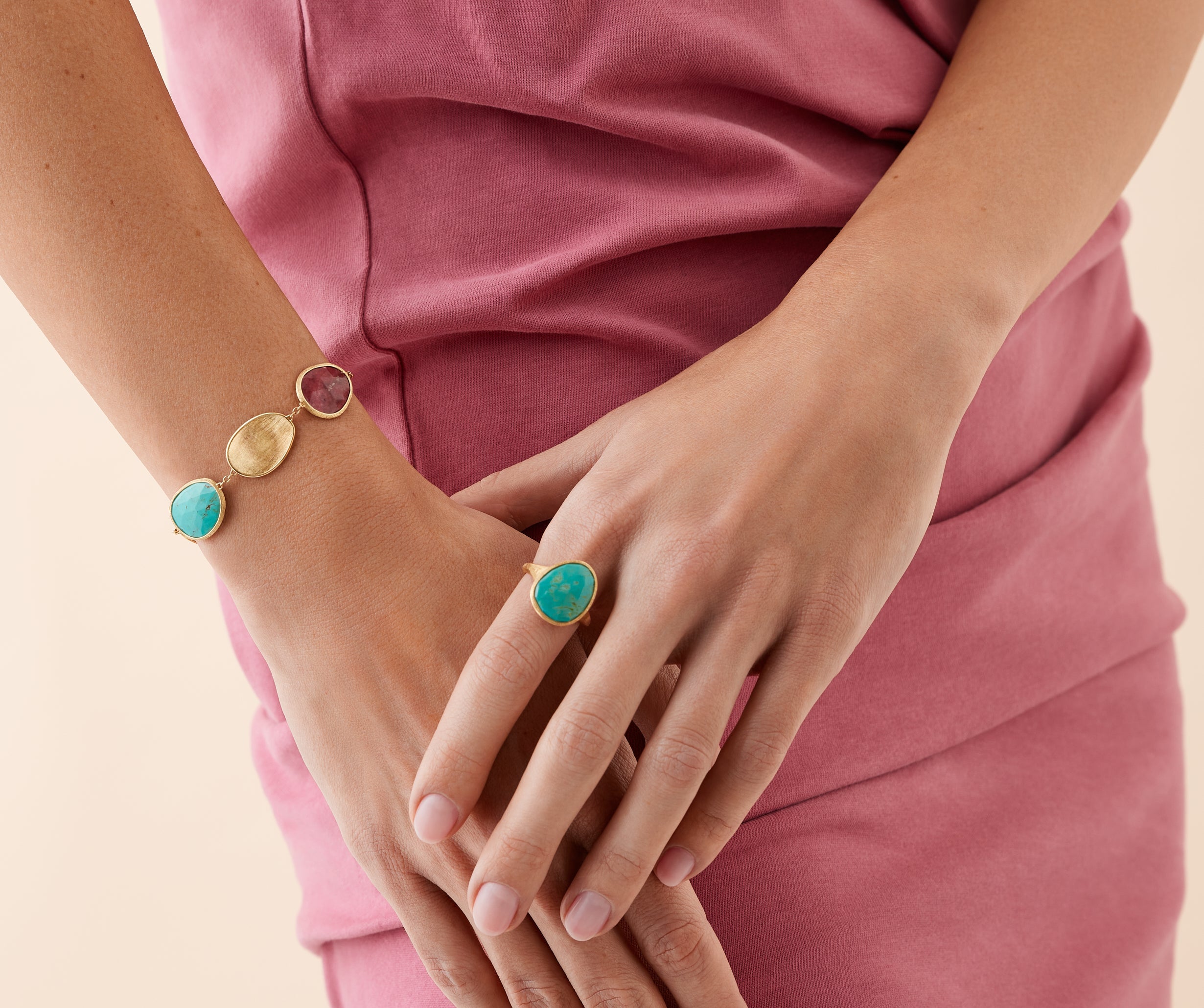 18K Yellow Gold Bracelet with Thulite, Turquoise and Charoite