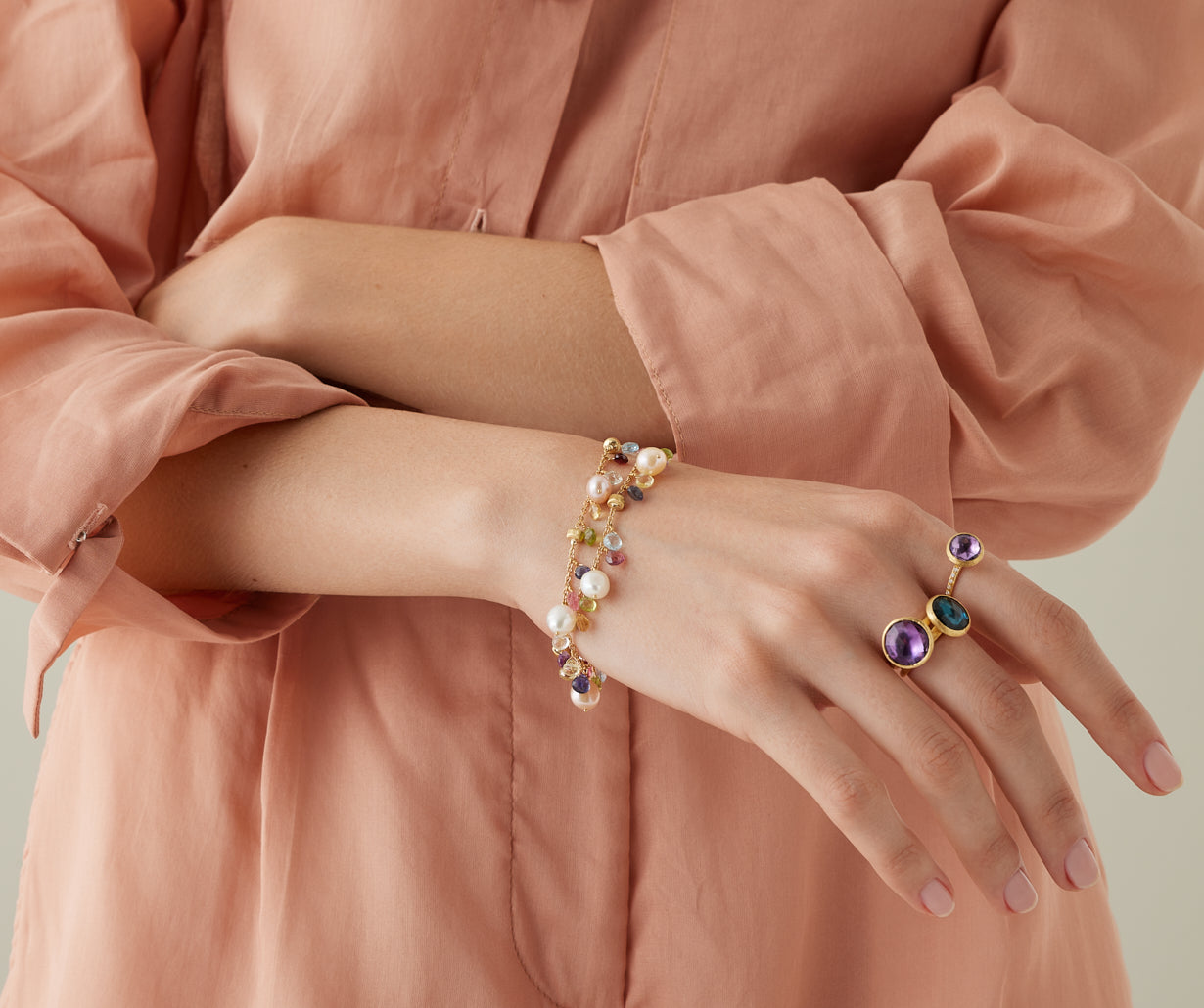 18kt yellow gold pearls and multicoloured gemstone double-strand bracelet
