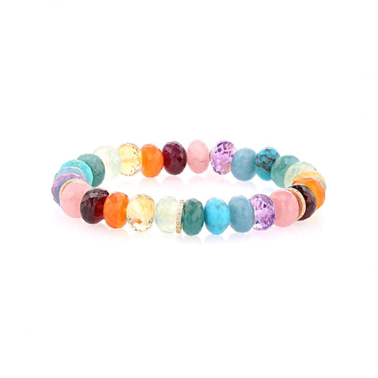 Rainbow Gemstone Mix Faceted Bracelet with 14K Pave Diamond Rondelles - 10mm