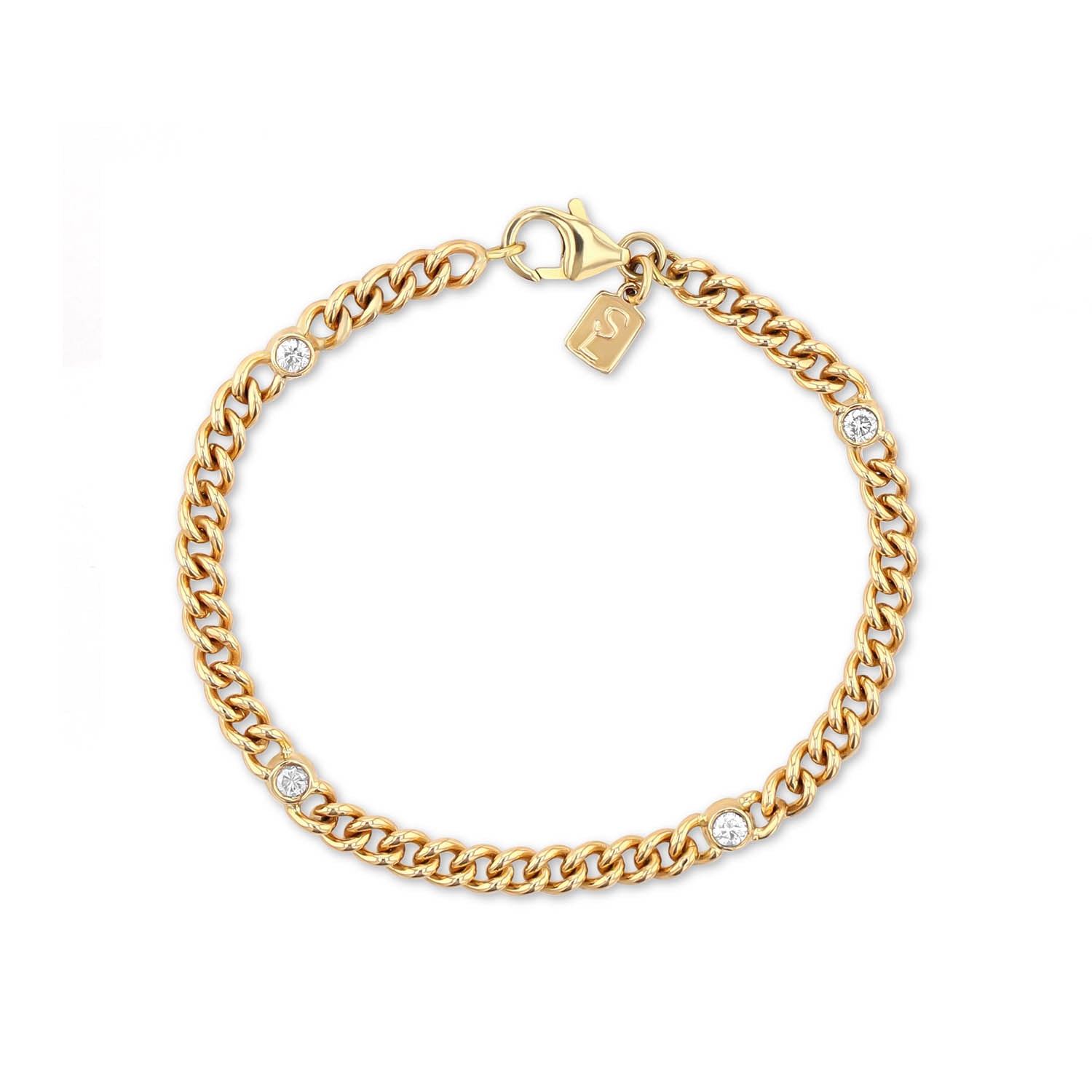 14k Gold Curb Chain Bracelet with 4 Bezel Diamonds  BG000844 - TBird