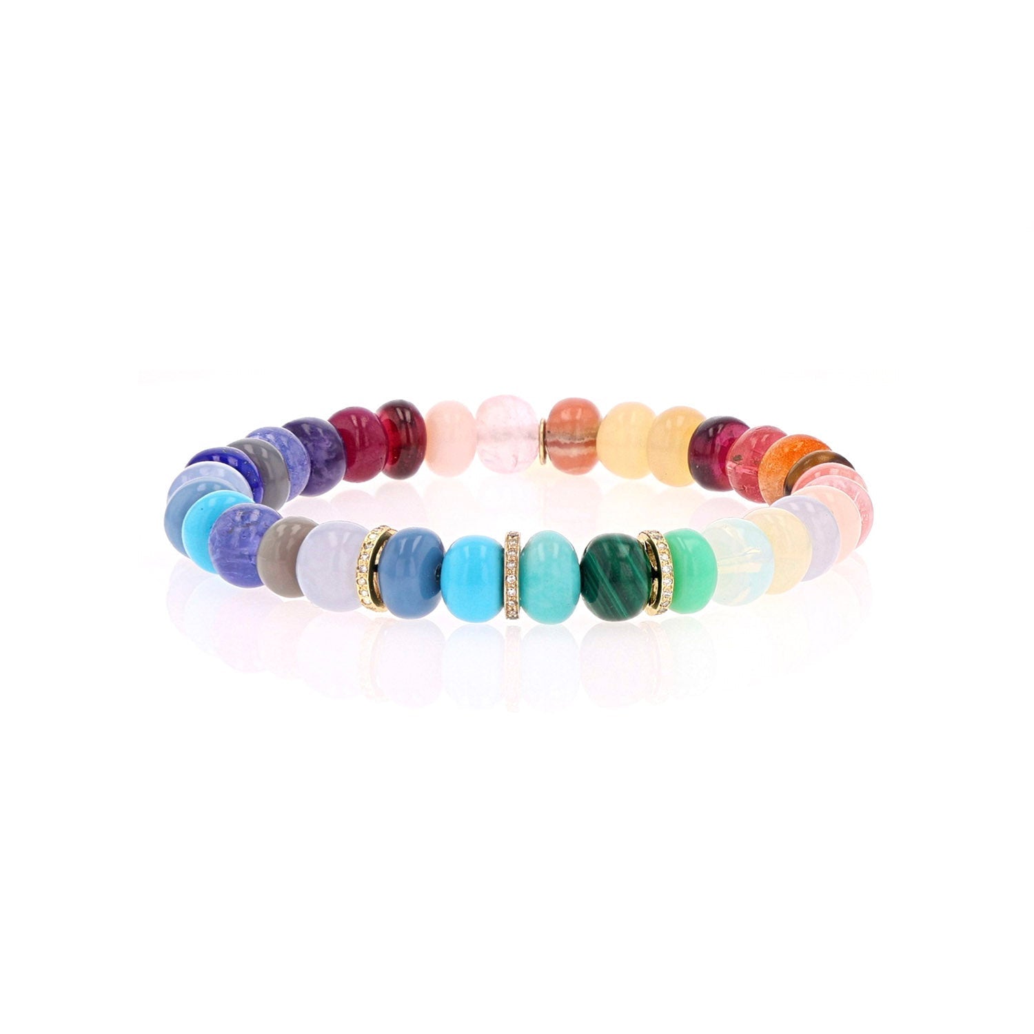 14k Rainbow Gemstone Mix Bracelet with 3 Diamond Rondelles - 8mm  BG001016 - TBird