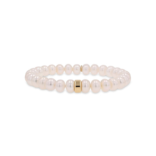 White Pearl Beaded Bracelet with 14k Smooth Rondelle - 8mm