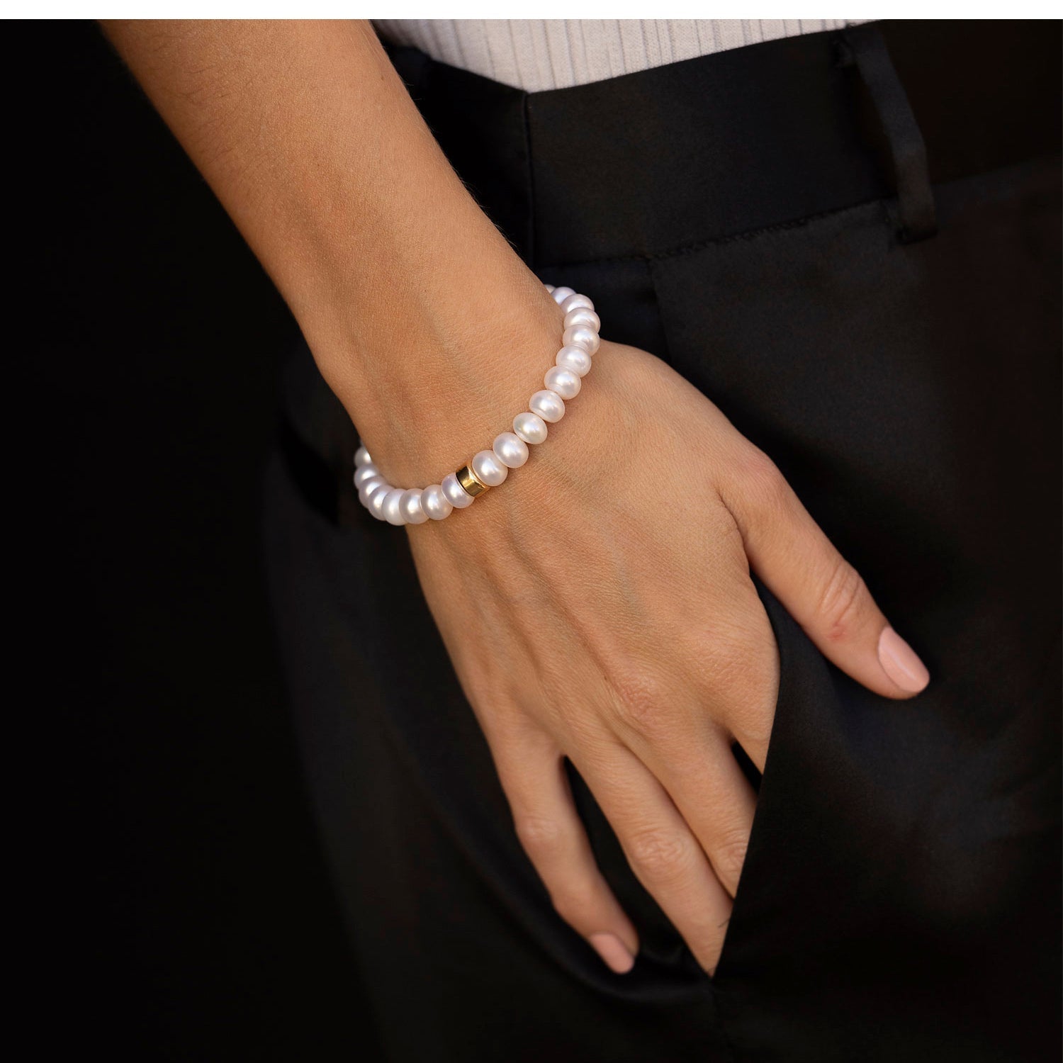 White Pearl Beaded Bracelet with 14k Smooth Rondelle - 8mm BG001051