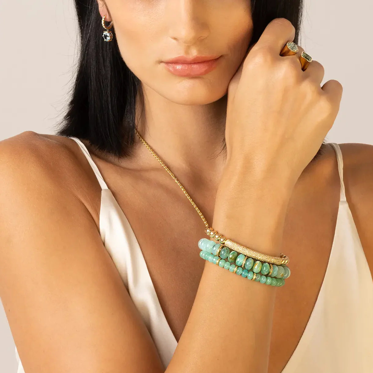 14k Peruvian Opal Beaded Bracelet with 3 Diamond Rondelles - 9mm BG001057