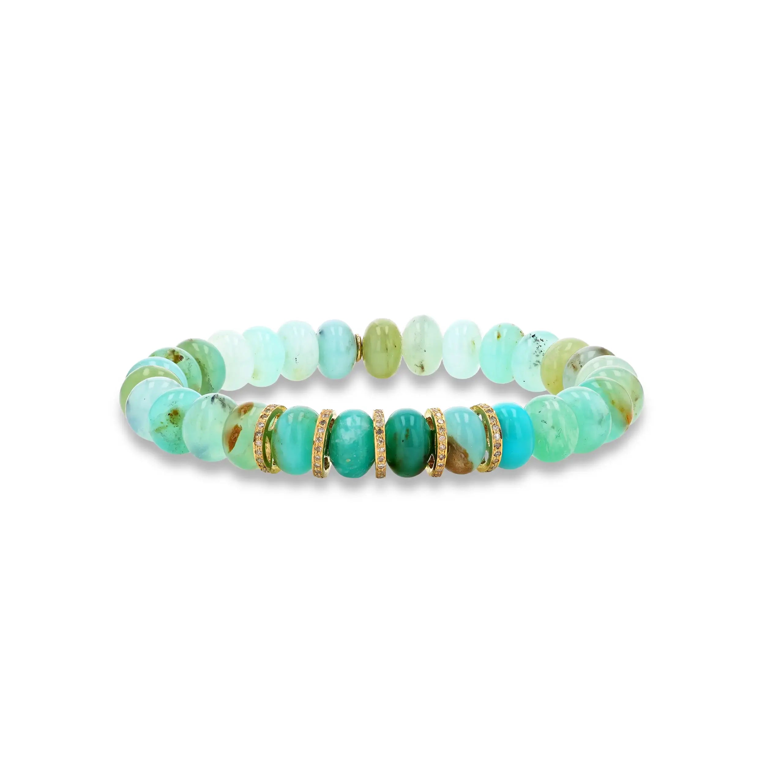 14k Peruvian Opal Beaded Bracelet with 5 Diamond Rondelles - 9mm