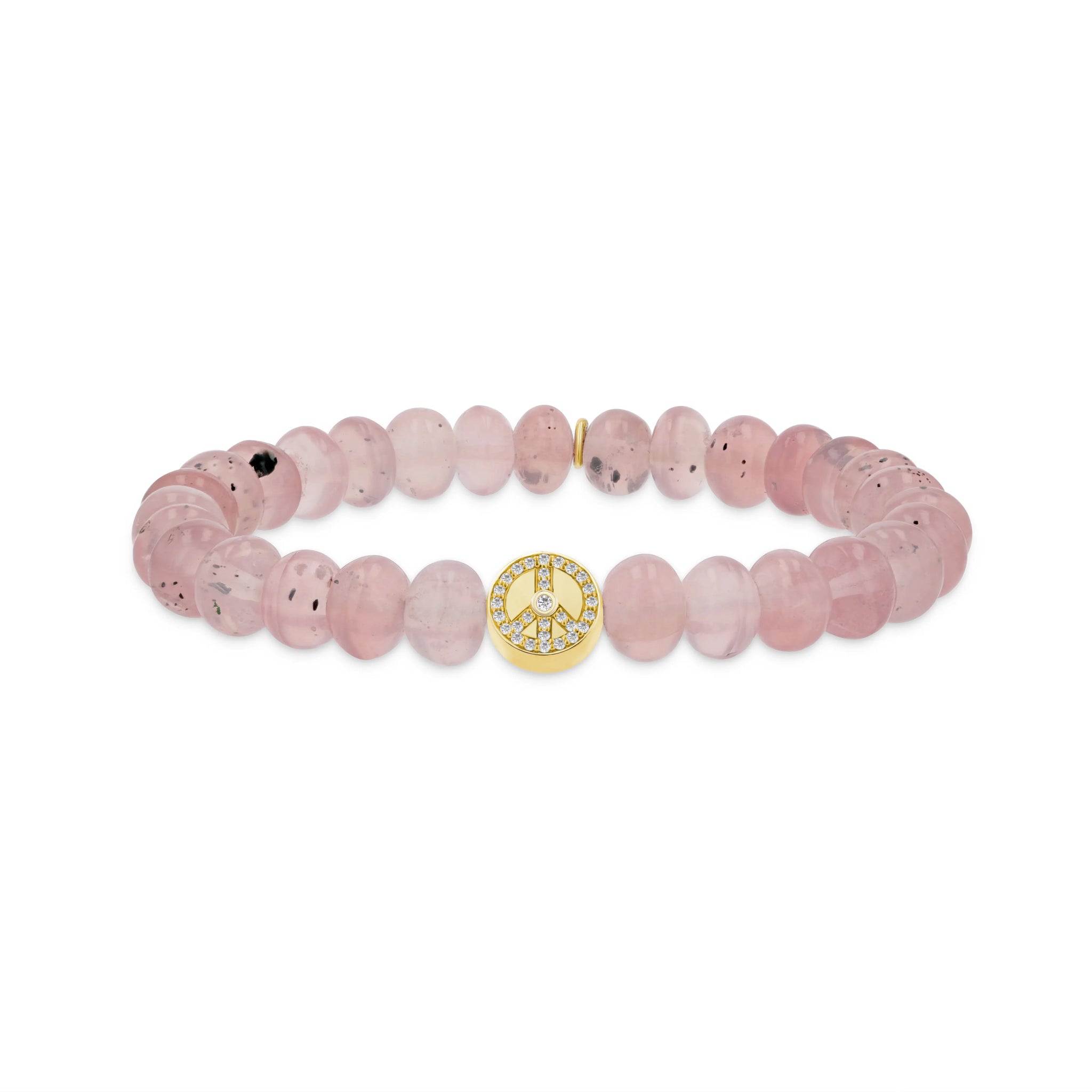 14k Cuties Icon Bracelet - Rose Quartz with Diamond Peace Sign Bead