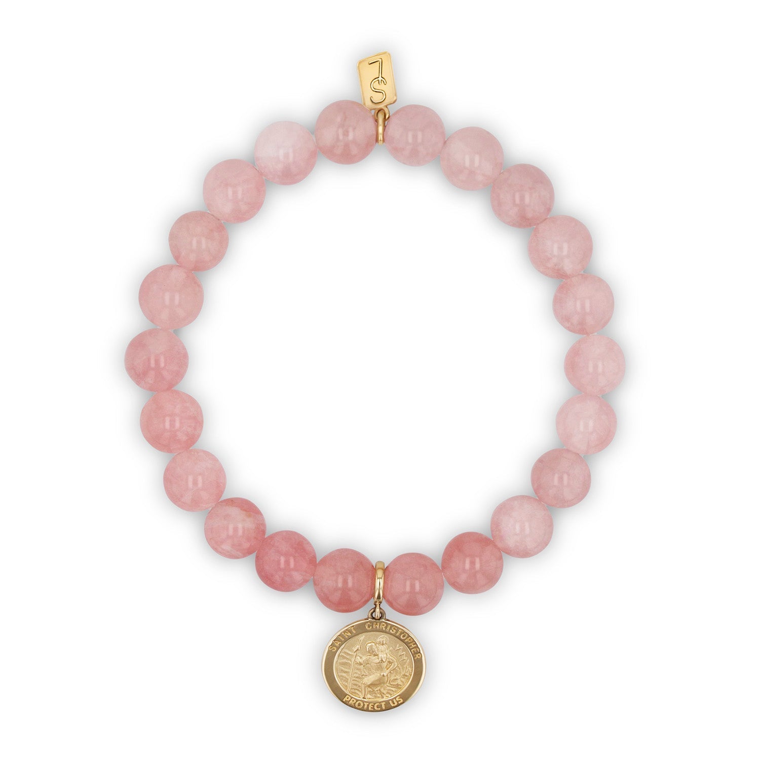 14k Rose Quartz Bracelet with St. Christopher Charm - 8mm