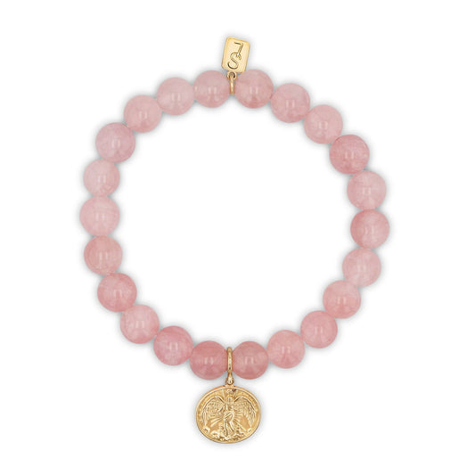 14k Rose Quartz Bracelet with Guardian Angel Charm - 8mm