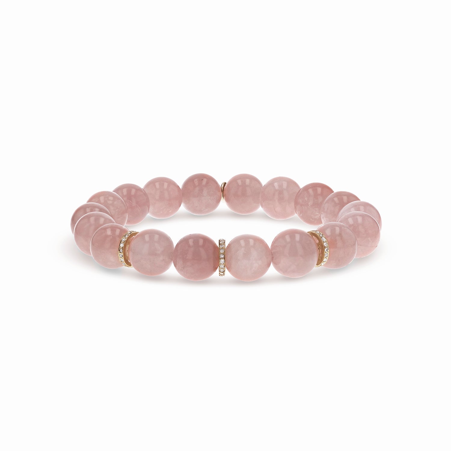 14k Rose Quartz Bracelet with 3 Diamond Rondelles - 10mm