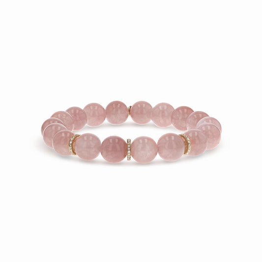 14k Rose Quartz Bracelet with 3 Diamond Rondelles - 10mm