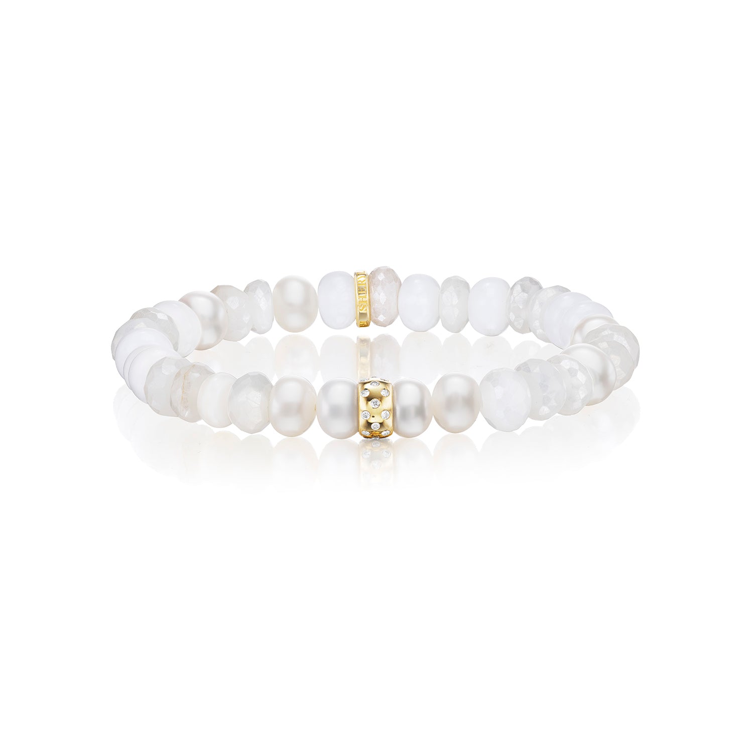 14k White Mix Gemstone Beaded Bracelet with Diamond Rondelle - 8mm
