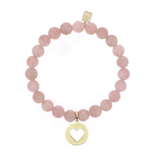 14k Rose Quartz Bracelet with Open Heart Charm - 8mm