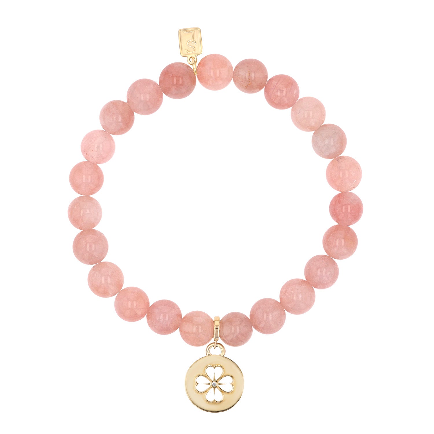 14k Rose Quartz Bracelet with Open Clover Charm - 8mm