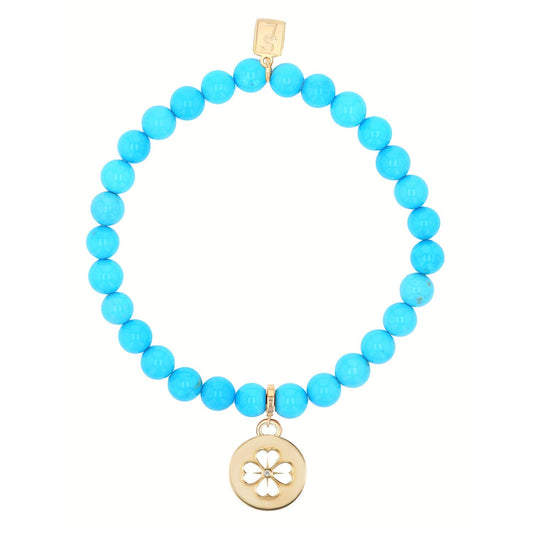 14k Sleeping Beauty Turquoise Bracelet with Open Clover Charm - 6mm