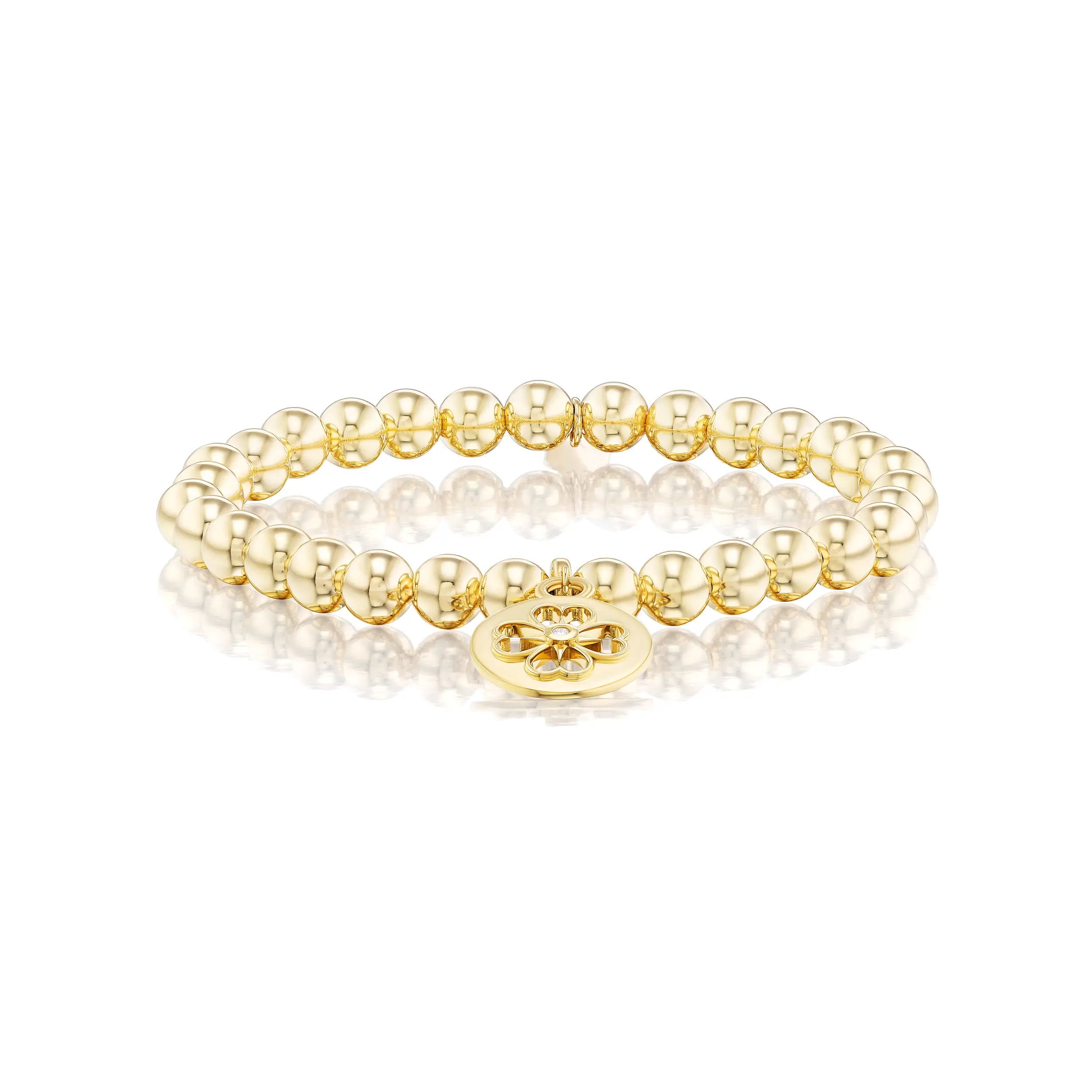 14k Bali Beaded Bracelet with Open Clover Charm - 6mm