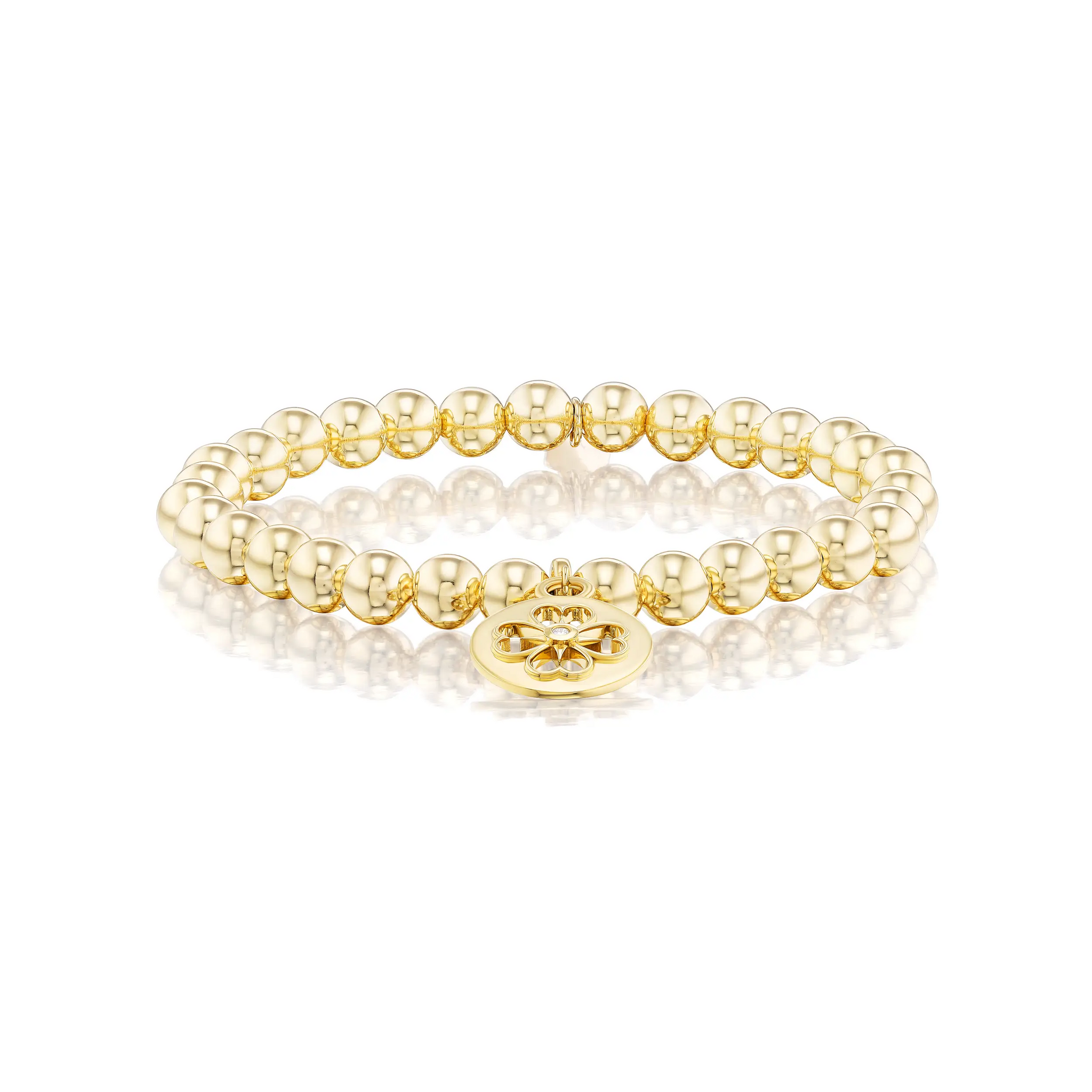 14k Bali Beaded Bracelet with Open Clover Charm - 6mm