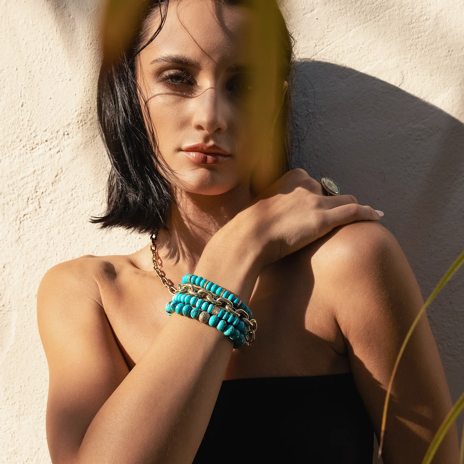 14k Sleeping Beauty Turquoise Bracelet with 5 Diamond Rondelles - One of a Kind BG001424