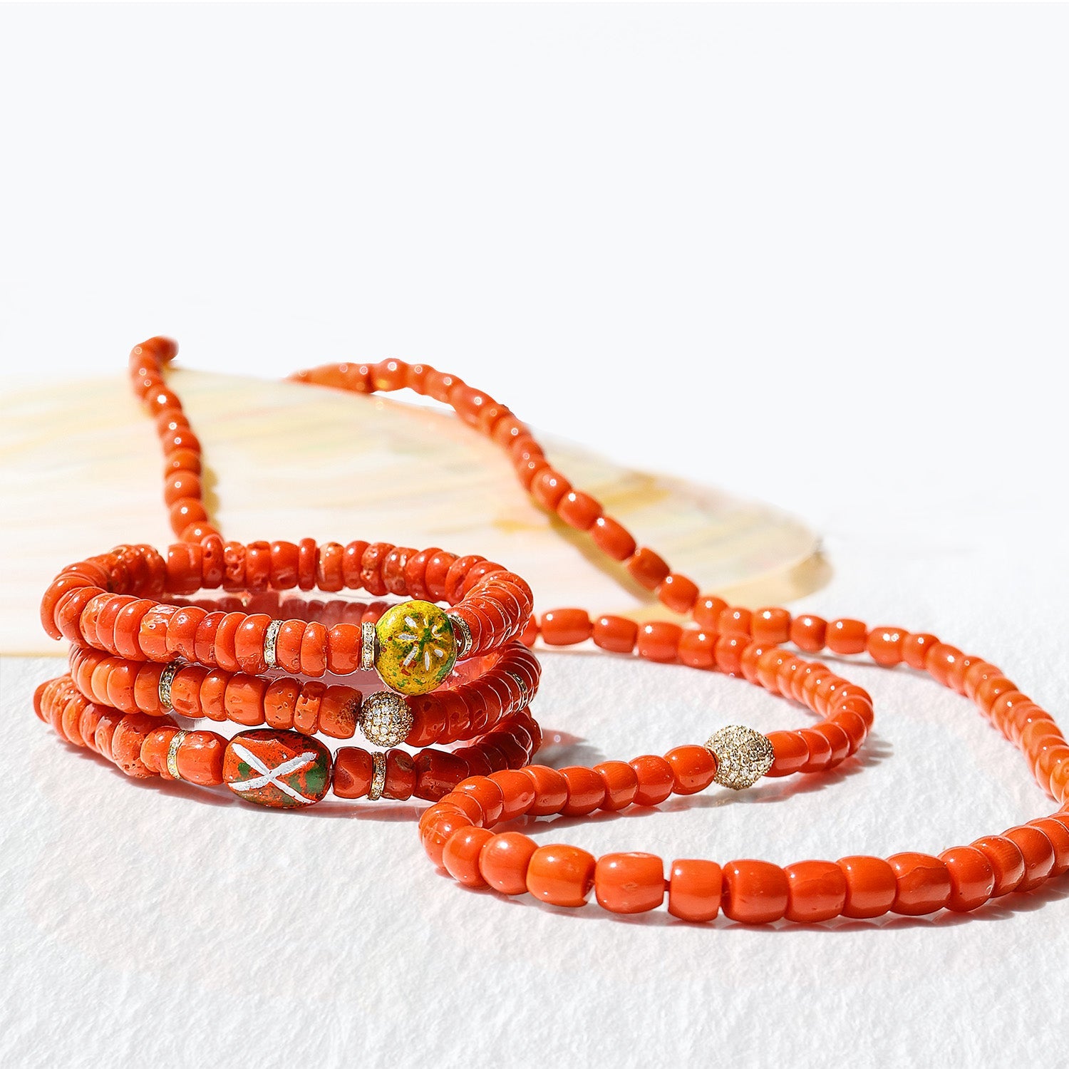 14k Antique Red Coral Bracelet with African Bead & 4 Diamond Rondelles - One of a Kind BG001484