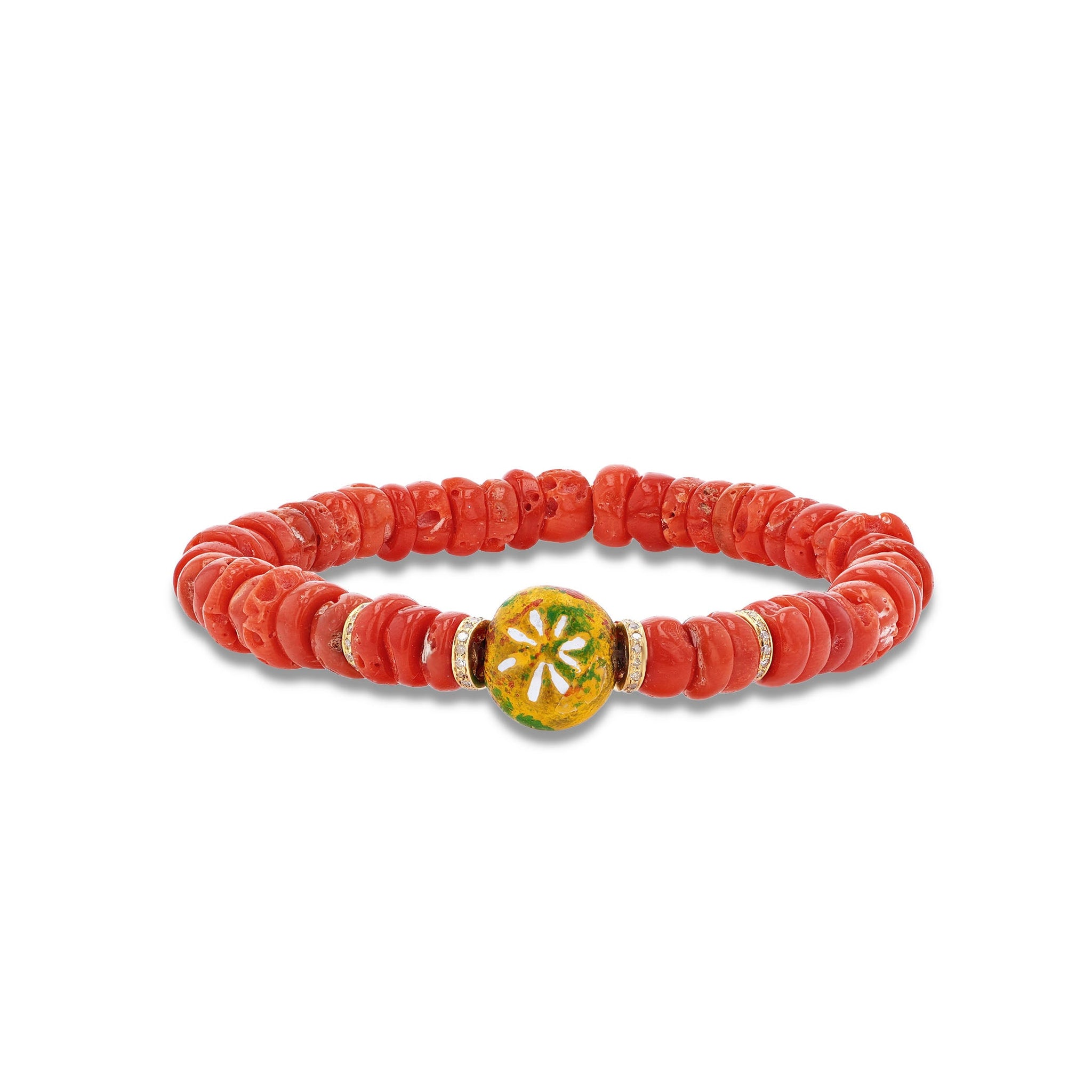 14k Antique Red Coral Bracelet with African Bead & 4 Diamond Rondelles - One of a Kind