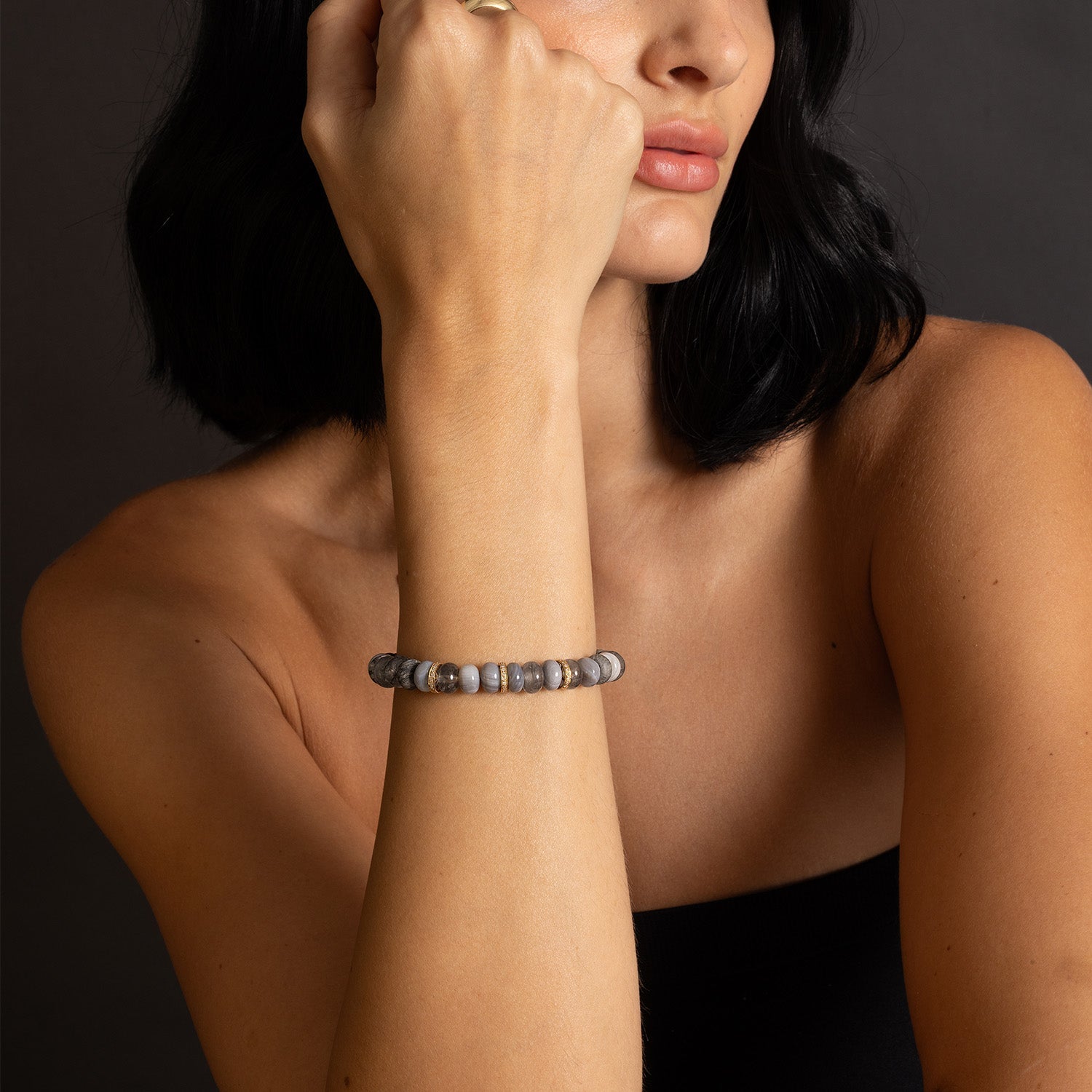 14k Charcoal Gemstone Mix Bracelet with Diamond Rondelles - 8mm BG001524