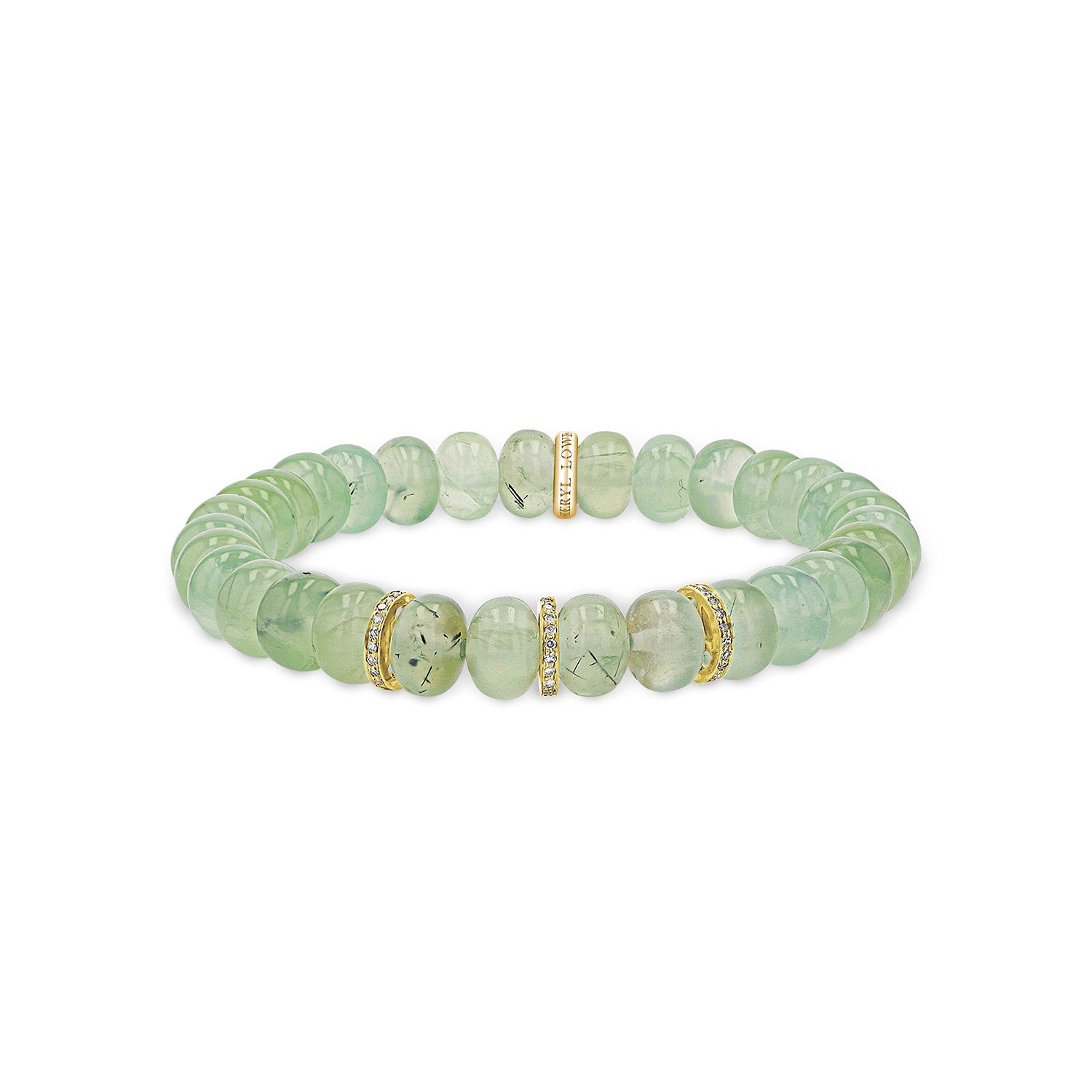 14k Prehnite Beaded Bracelet with 3 Diamond Rondelles - 8mm