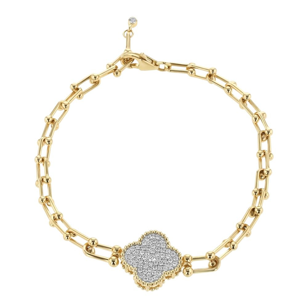 14K Yellow Gold Hardware Chain 0.45 carat Diamonds Adjustable Clover Bracelet