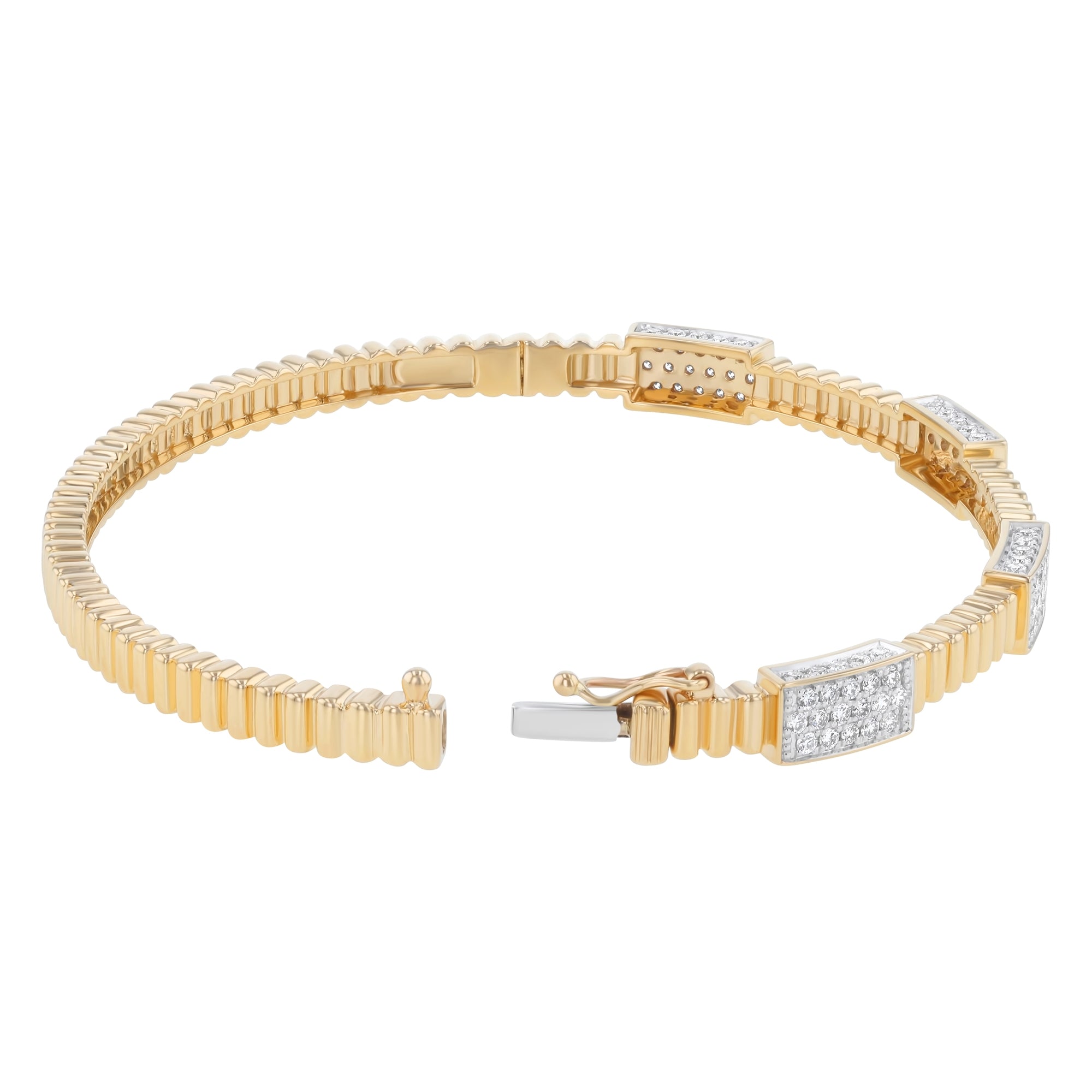 14K Yellow Gold 1.00 carat Round Diamonds Corrugated Hinged Bangle