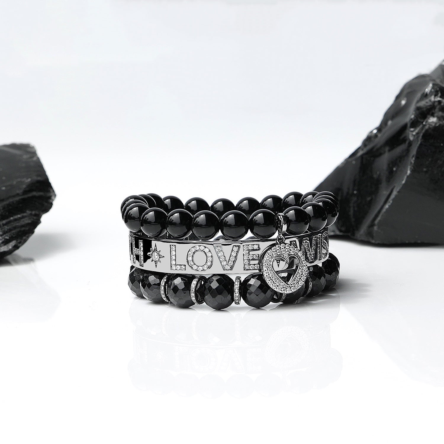 Onyx Bracelet with Diamond Open Heart Charm - 8mm B0004294