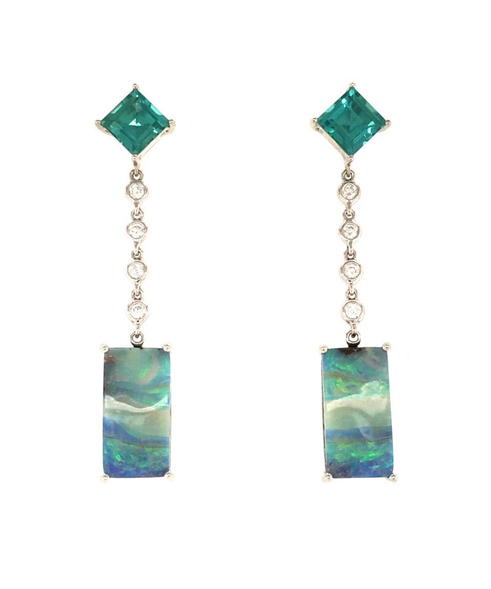 Blue Green Tourmaline and Australian Boulder Opal Earrings with Diamonds 1-JSA