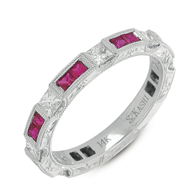 This Gem Stone Ring is available in 14K White Gold. There are a total of 20 stones. There are Princess with a total carat weight of 0.54 set in a Channel Set|Prong Set setting.There are Ruby stones with a total carat weight of 0.75 set in a Channel Set|Prong Set.