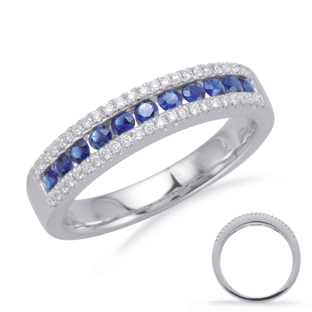 This Gem Stone Ring is available in 14K White Gold. There are a total of 59 stones. There are Rounds with a total carat weight of 0.16 set in a Channel Set|Micro Prong setting.There are Sapphire stones with a total carat weight of 0.33 set in a Channel Set|Micro Prong.