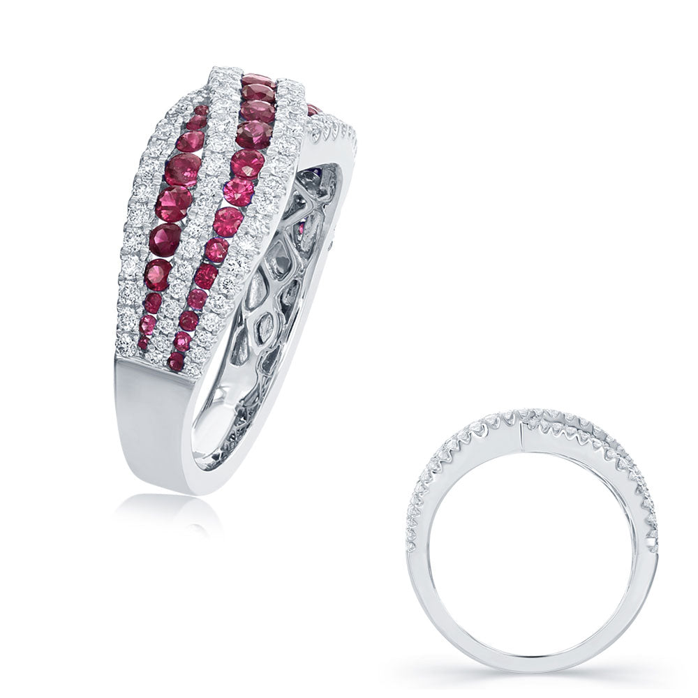 This Gem Stone Ring is available in 14K White Gold. There are a total of 133 stones. There are Rounds with a total carat weight of 0.54 set in a  setting.There are Ruby stones with a total carat weight of 0.86 set in a .