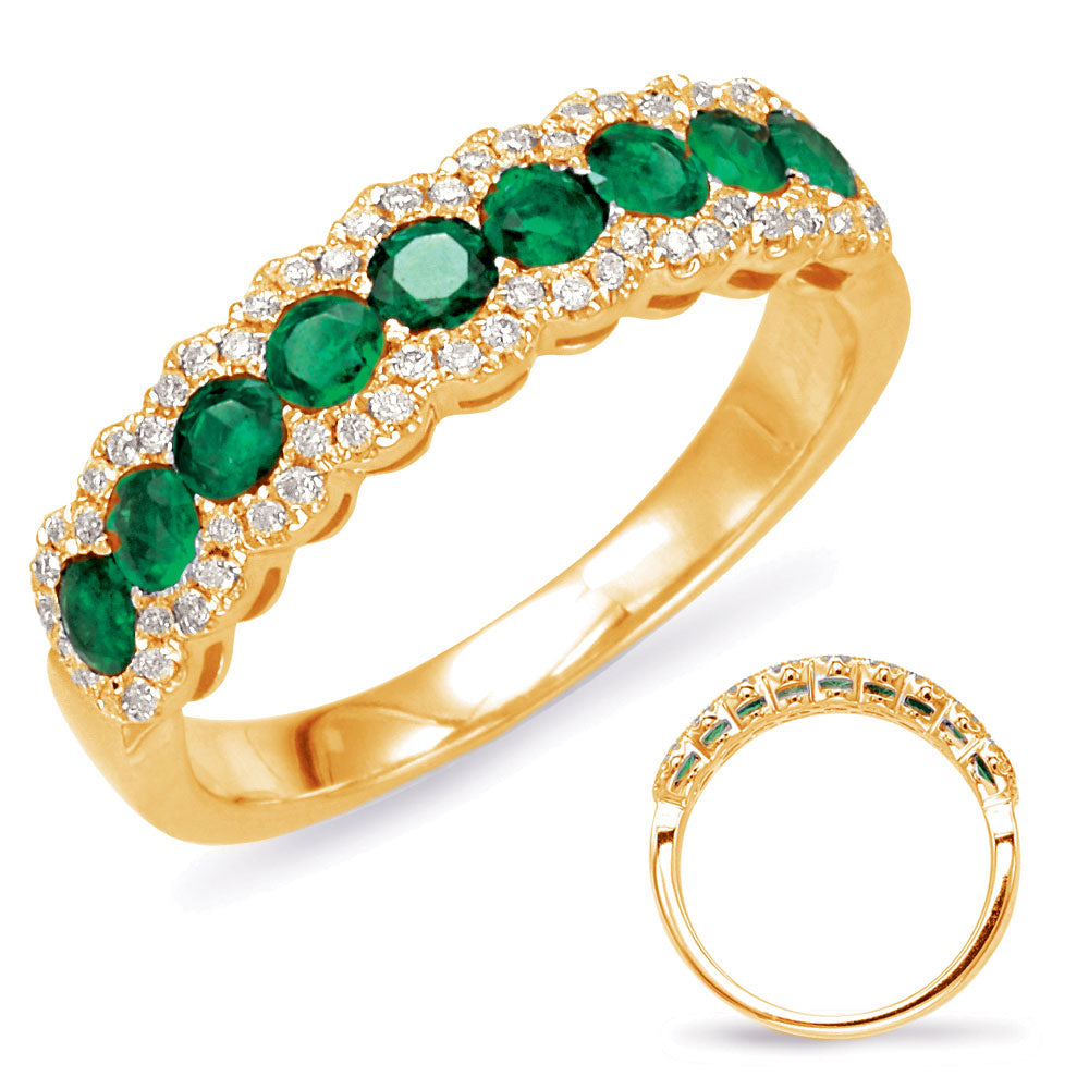 This Gem Stone Ring is available in 14K Yellow Gold. There are a total of 69 stones. There are Emerald with a total carat weight of 0.75 set in a Micro Prong setting.There are Rounds stones with a total carat weight of 0.18 set in a Micro Prong.