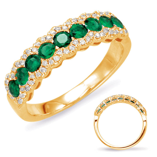 This Gem Stone Ring is available in 14K Yellow Gold. There are a total of 69 stones. There are Emerald with a total carat weight of 0.75 set in a Micro Prong setting.There are Rounds stones with a total carat weight of 0.18 set in a Micro Prong.