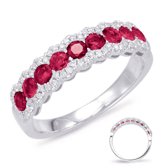 This Gem Stone Ring is available in 14K White Gold. There are a total of 69 stones. There are Rounds with a total carat weight of 0.18 set in a Micro Prong setting.There are Ruby stones with a total carat weight of 0.81 set in a Micro Prong.