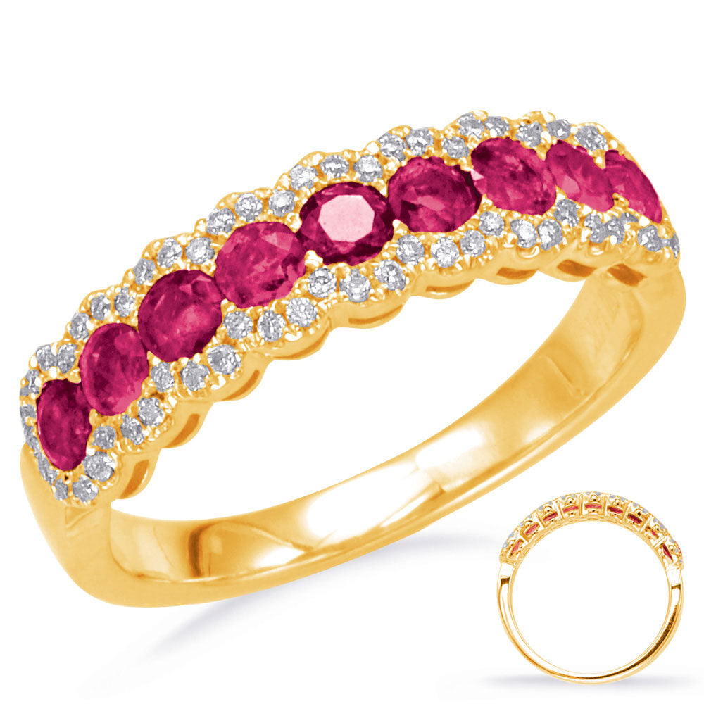 This Gem Stone Ring is available in 14K Yellow Gold. There are a total of 69 stones. There are Rounds with a total carat weight of 0.18 set in a Micro Prong setting.There are Ruby stones with a total carat weight of 0.81 set in a Micro Prong.